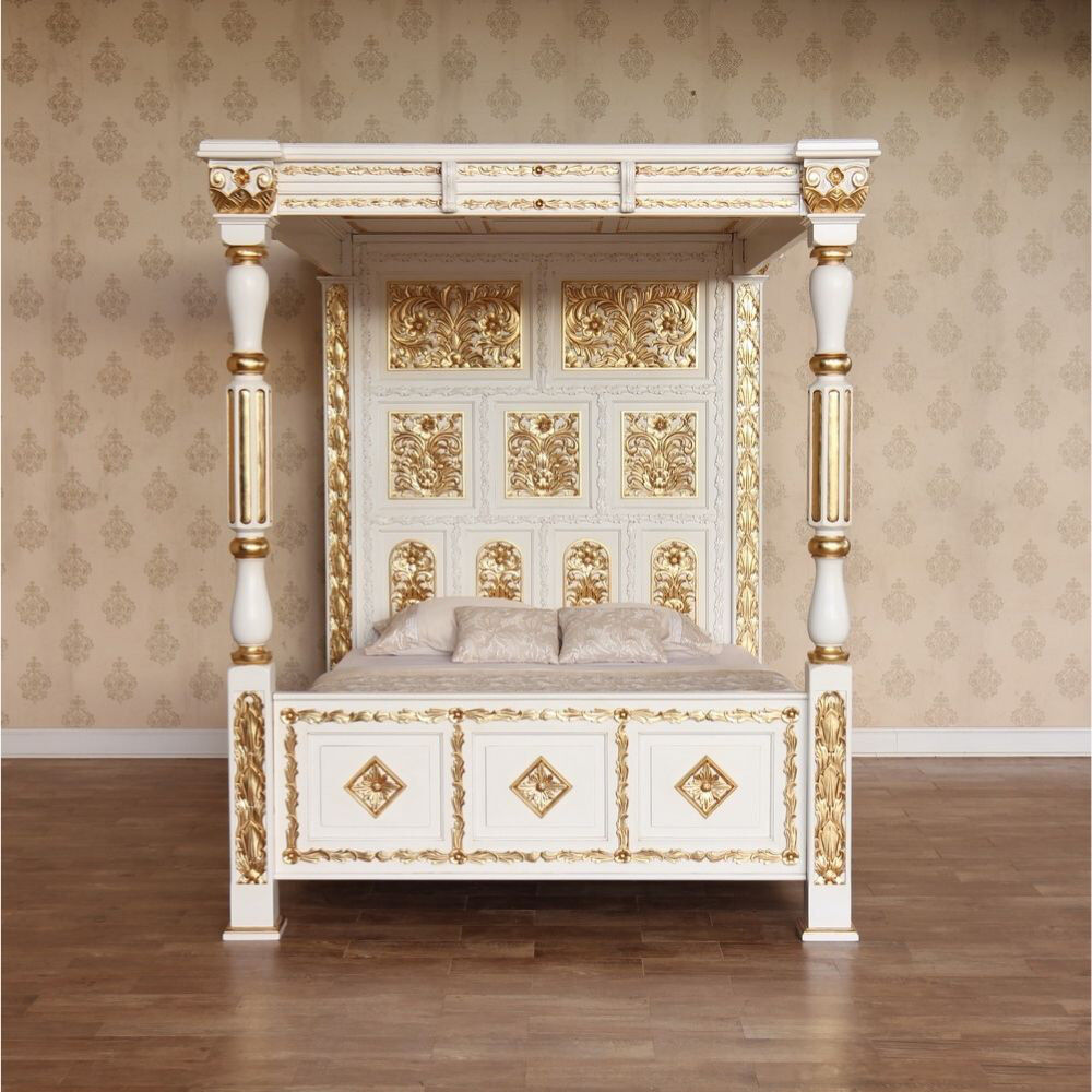 Astoria Grand Solid Wood Four Poster Bed White & Gold Kingsize (5')
