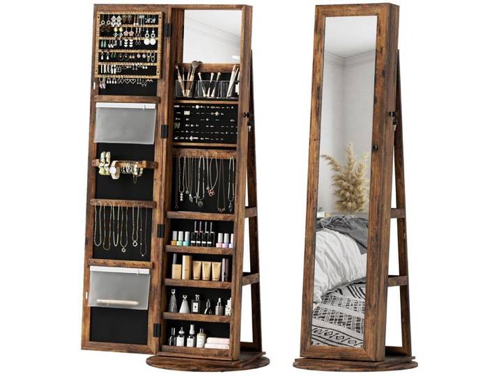VVBV ARMOIRE A BIJOUX avec Miroir Pivotante 360° sur Pied avec Rangement et Serrure Marron Rustique 55x55x161 cm