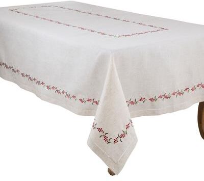 Saro Holiday Berry Embroidered Tablecloth - Holly Berry Border Design for Christmas Dining and Holiday Entertaining