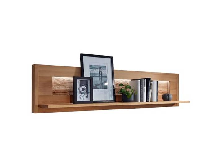 Lomadox Wohnzimmer Wandboard Wandregal mit 164 cm Breite in Buche Buche massiv geölt, inkl. LED-Beleuchtung, Massivholz/Echtholz, Softclose, grifflos