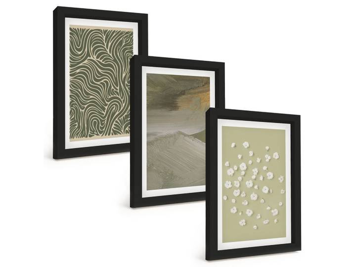 BILDER SET 3er Set - 20x30 cm Schwarzer Rahmen - Abstrakte florale Wellenmuster