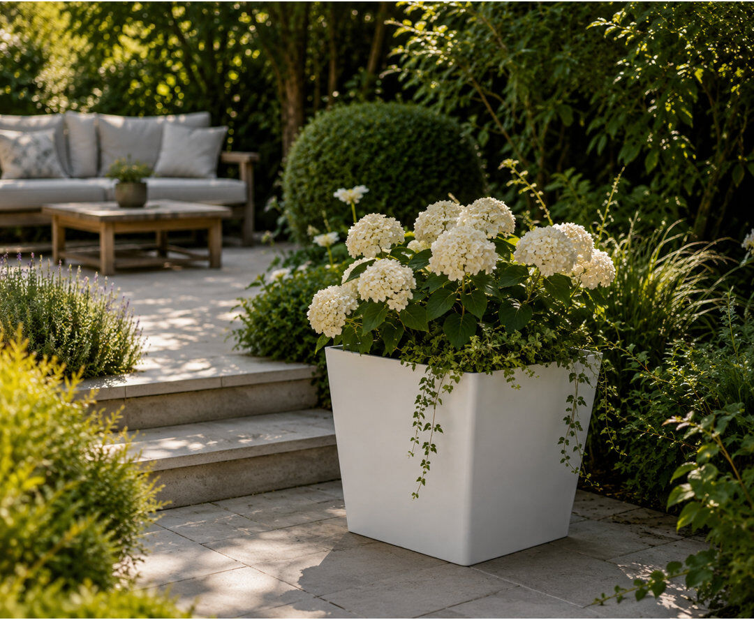 Dakota Fields Daisy Square Stone Effect Planter Pot, Indoor and Outdoor Plant Pot, Frost Resistant with Drainage Hole White 35cm H x 35cm W x 35cm D