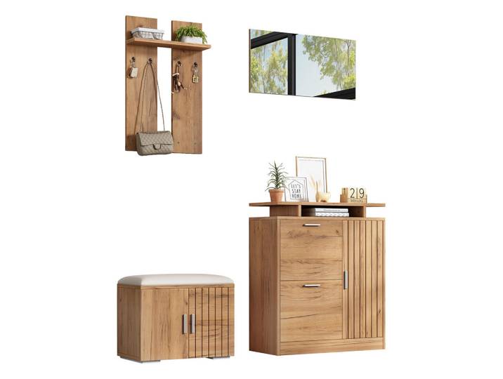 Urban Meuble Garderoben-Set 140 cm Natur – Flurmöbel mit Spiegel, Schuhbank & 5 Türen Modern, Naturfarben, Rechteckig, 140x133x35 cm, Garderobe, Garderoben-Sets & Garderoben-Serien, Garderoben-Sets