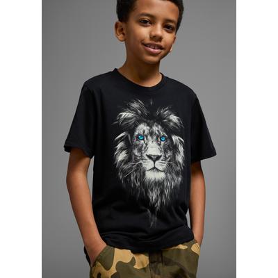 T-Shirt KIDSWORLD "Mit Löwenprint: LION WITH BLUE EYES", Jungen, Gr. 164/170, schwarz, Jersey, Obermaterial: 100% Baumwolle, bedruckt, Basic, Rundhals, Shirts T-Shirt, Kurzarm, Basic-Passform, mit trendigem Druck, Rundhalsausschnitt