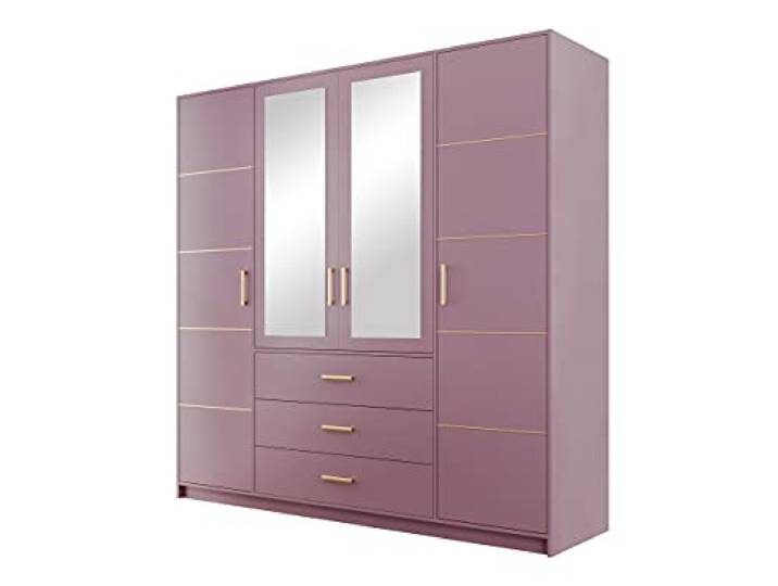 Mirjan24 Drehtürenschrank Bado 4D II mit Spiegel (Pflaume) Geräumiger Kleiderschrank mit 3 Schubladen, 10 Fächern, Kleiderstange und Soft-Close-System für Kleidung und Accessoires