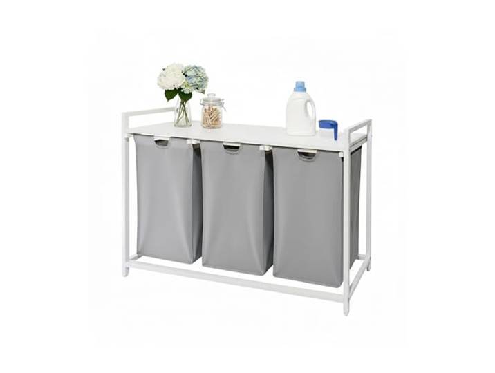 Relaxdays Wäschesammler mit 3 Wäschesäcke, 150 L, Holzoptik Ablage, HBT: 73,5 x 109,5 x 33 cm, Wäschekorb, Farbauswahl