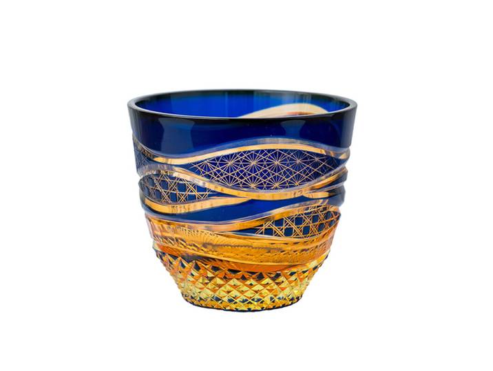 Jewel Kiriko Uzukarin (Karin), Edo Kiriko, Style Unki, Verre en cristal coupé à la main, Ambre et bleu Ruri, Verre à saké et whisky artisanat traditionnel japonais, Lot de 1