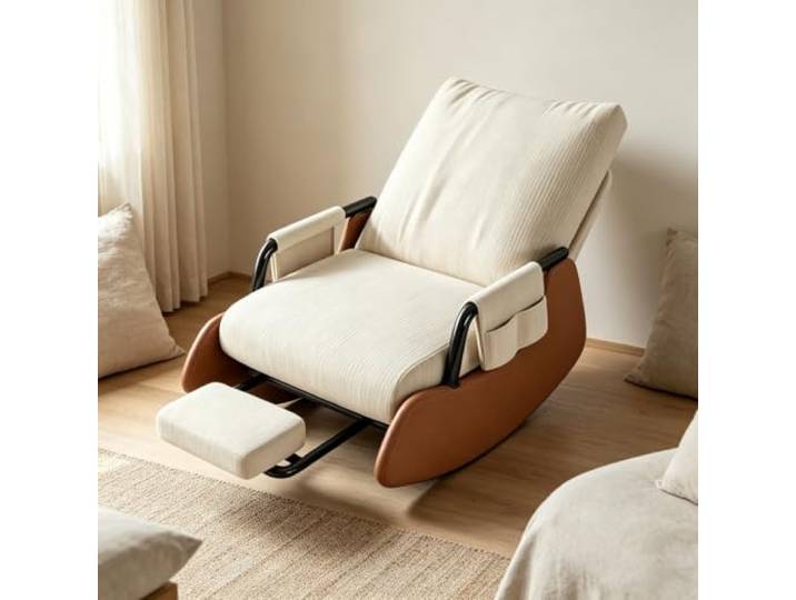 Lounge Schaukelstuhl - für Wohnzimmer und Schlafbereich Entspannender Schaukelsessel mit stabiler Kufenkonstruktion und verstaubarer Fußablage.