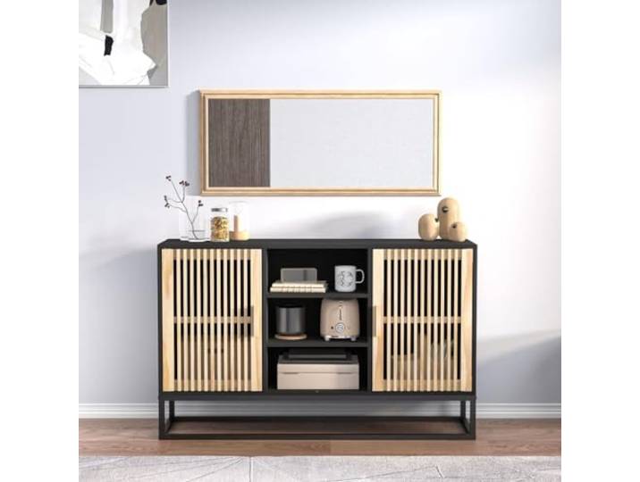RJPLMFV Anrichte, Schwarz, 105 x 30 x 65 cm, aus Ingenieurholz Türen aus Holz, staubdicht, stabiler Eisenfuß, Aufbewahrung für Wohnzimmer, Wandbefestigung inklusive