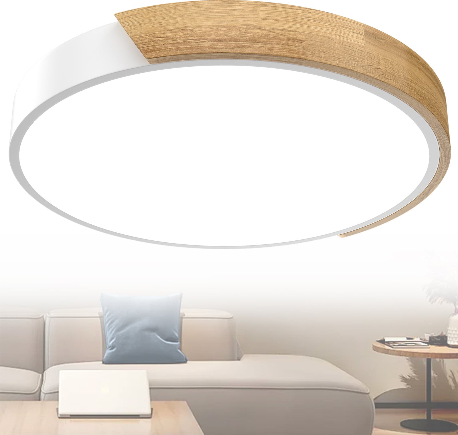UISEBRT 60W LED plafondlamp met houten elementen, koelwit, geschikt voor badkamer, hal, keuken en woonkamer