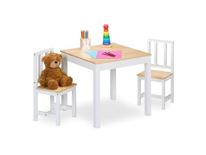 Relaxdays Kindersitzgruppe, 3-TLG., Kindertisch mit 2 Stühlen, Mädchen & Jungen, Sitzecke fürs Kinderzimmer, weiß/Natur