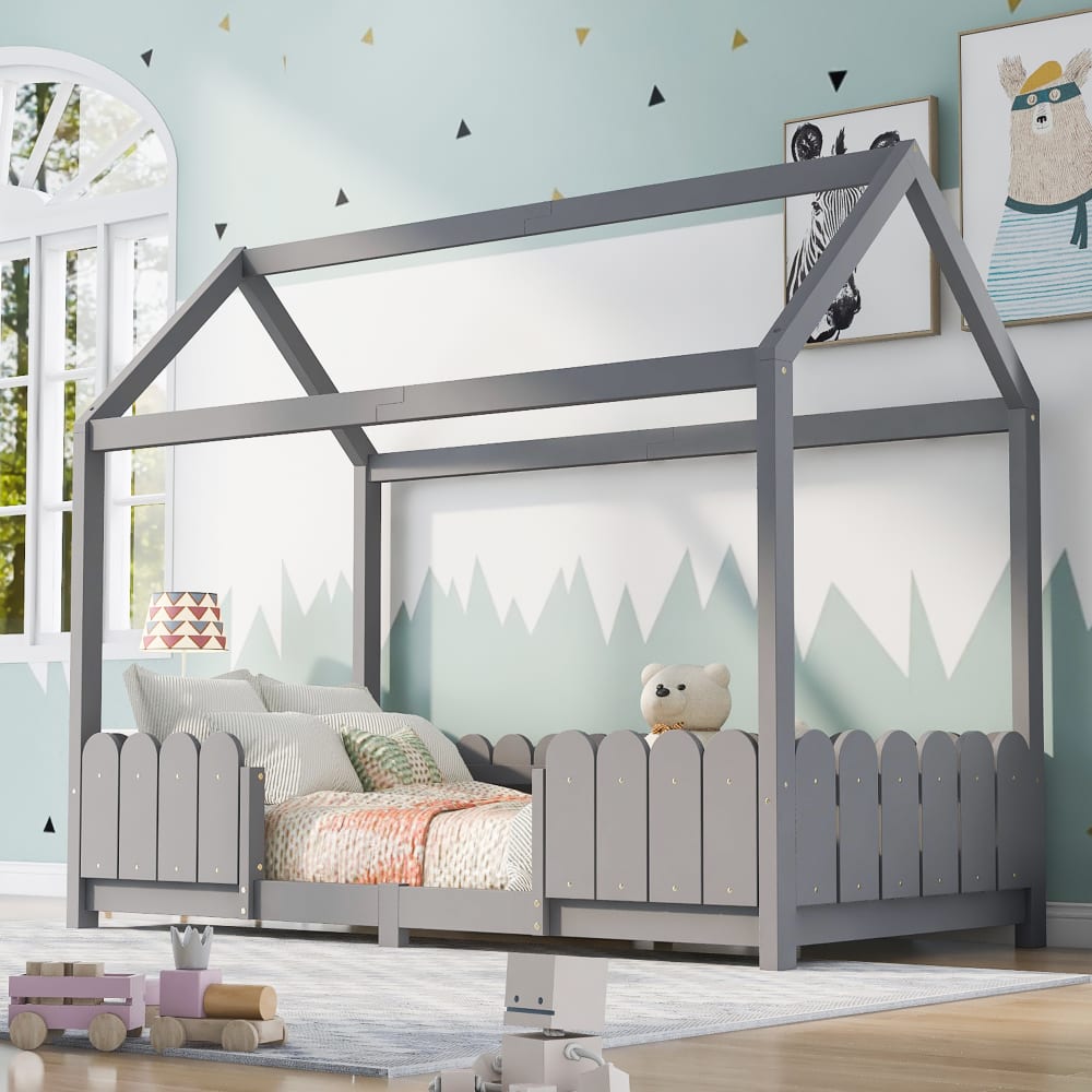 MODFU Cama infantil de madera gris de 90 x 200 cm con valla