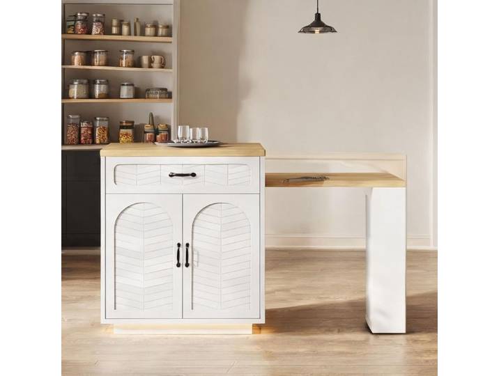 Îlot de cuisine design contemporain avec table extensible et LED finition blanc
