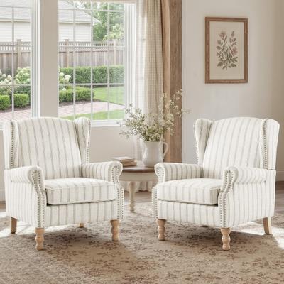 Velocisca Linen Wingback Accent Chairs Set of 2, English Country Armchairs with Rolled Arms and Nailhead Trim