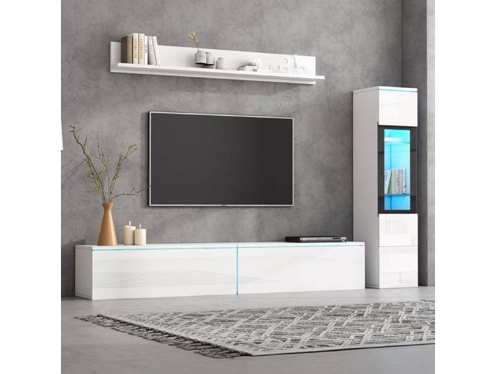 Feuille épaissie Ensemble de meubles TV 3 pièces éclairage LED blanc brillant Ensemble de meubles de salon Frontale Meuble blanc