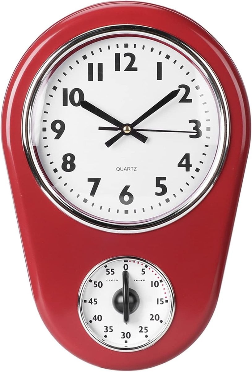 Vintage Wandklok voor Keuken en Woonkamer - Retro Analoge Wandklok in Rood