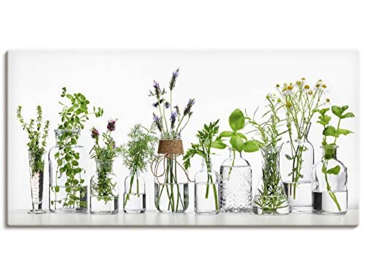 ARTLAND Wanddeko Leinwand Bilder Wandbild 100x50 cm Querformat Modern Küchenbilder Pflanzen Kräuter Blumen Gewürze Grün H9KE
