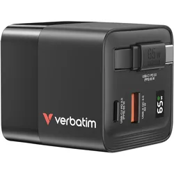 verbatim 65W USB-A, USB-C GaN Ladegerät mit einziehbarem Kabel, schwarz