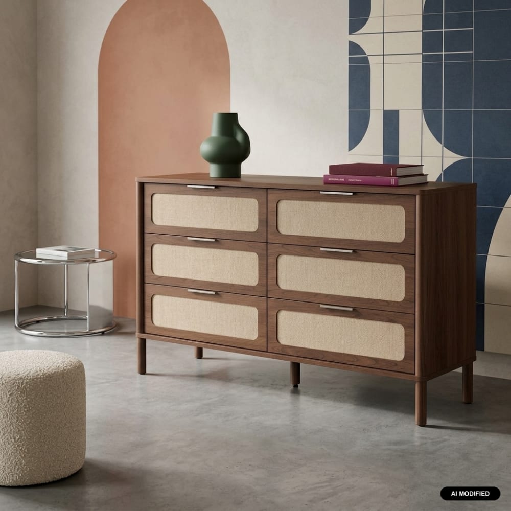sweeek Commode vintage décor bois et cannage 6 tiroirs noyer Marron 120x95x39cm