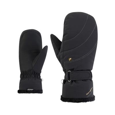 Fäustlinge ZIENER "KEAKI-Z AQUASHIELD PrimaLoft DAMEN", Damen, Gr. 7, schwarz (schwarz.gold art), Materialmix, Handschuhe Fäustlinge, wasserdicht, winddicht, atmungsaktiv, extra warm, Plüschfutter