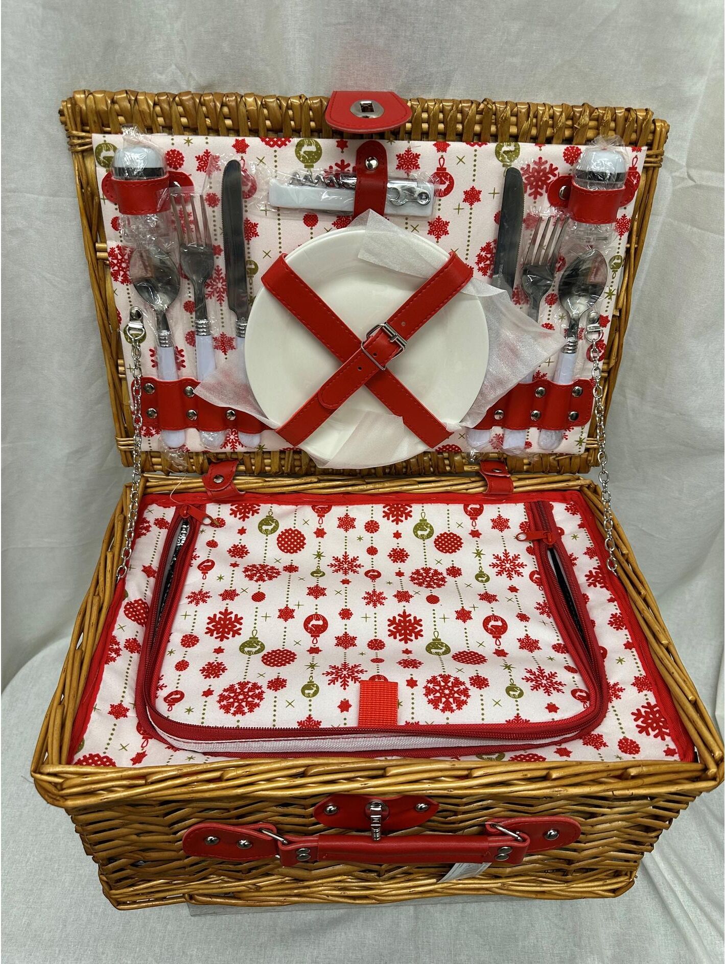 Picknickkorb "Dameco 2 Personen 13-teilig", hellbraun, rot, B:28cm H:190cm T:40cm, Aufbewahrungsboxen, Picknickkorb hellbraun, rot 13 Stk., B/H/T: 28cm x 190cm x 40cm