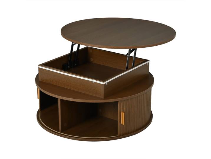 Table basse ronde relevable couleur noyer avec led