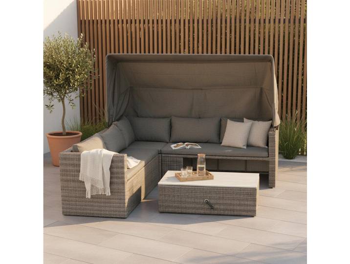 Gardenson Loungegarnitur, Grau, Hellgrau, Kunststoff, Metall, Holz, Akazie, Füllung: Schaumstoff,Schaumstoff,Schaumstoff, einzeln stellbar, 250x150x168 cm, Fsc, Tisch höhenverstellbar, Gartenmöbel, Loungemöbel, Loungegarnituren