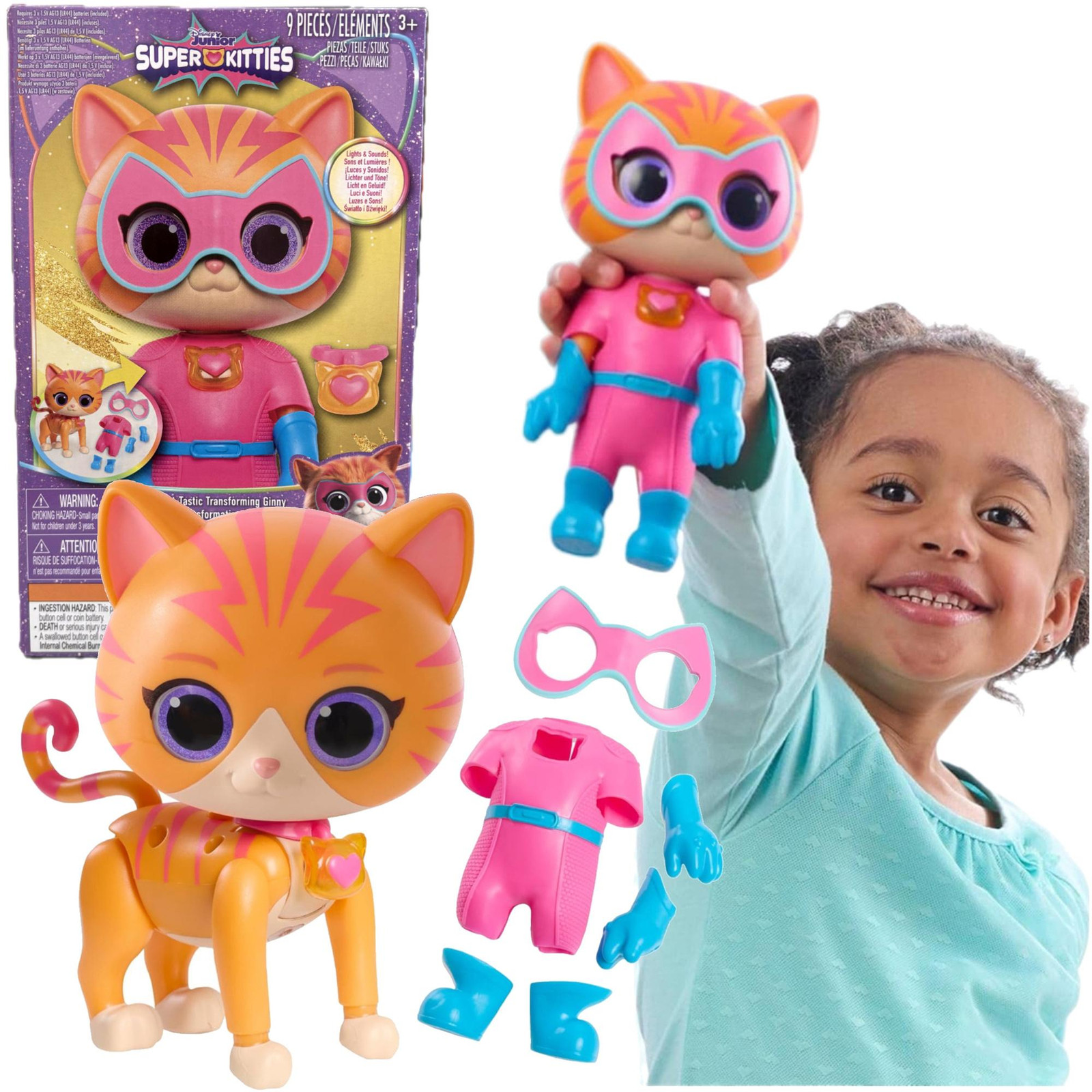 Just Play Disney Junior Super Kitties interactieve Ginny figuur met accessoires, licht en geluid, 20 cm