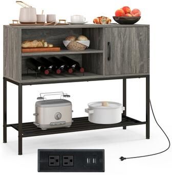 Costway Buffet Sideboard Coffee Bar Cabinet with Power Outlets and USB Ports-Gray