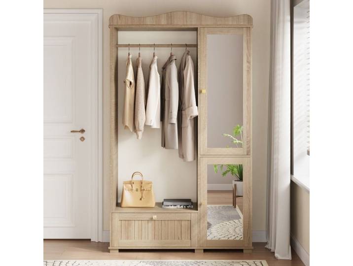 Meuble de rangement compact pour chambre - Armoire avec miroir porte-manteau tiroir et 2 portes - Idéal aussi pour l'entrée
