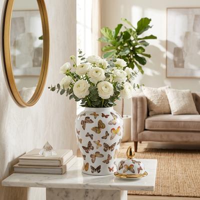 Sagebrook Home Ceramic Decorative Temple Jar with Lid and Metallic Butterfly Motif