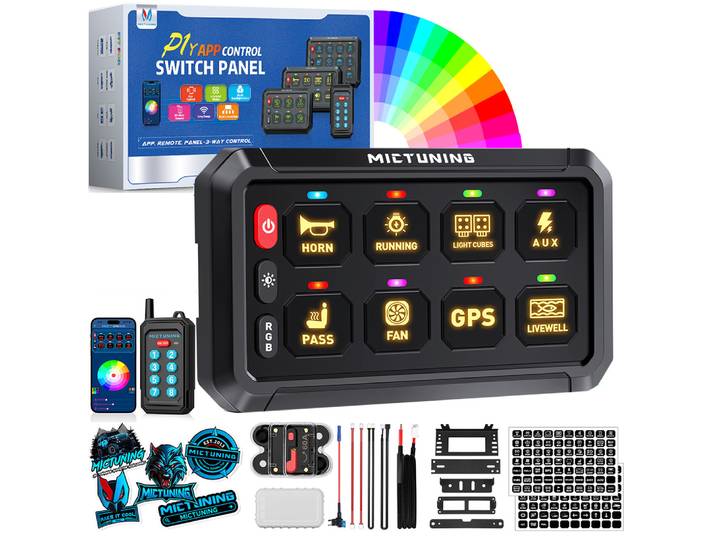 MICTUNING P1Y panneau de commutation 8 gangs/télécommande sans fil/contrôle par application, interrupteur à bascule couleurs rvb système de relais de contrôle momentané 230 pieds