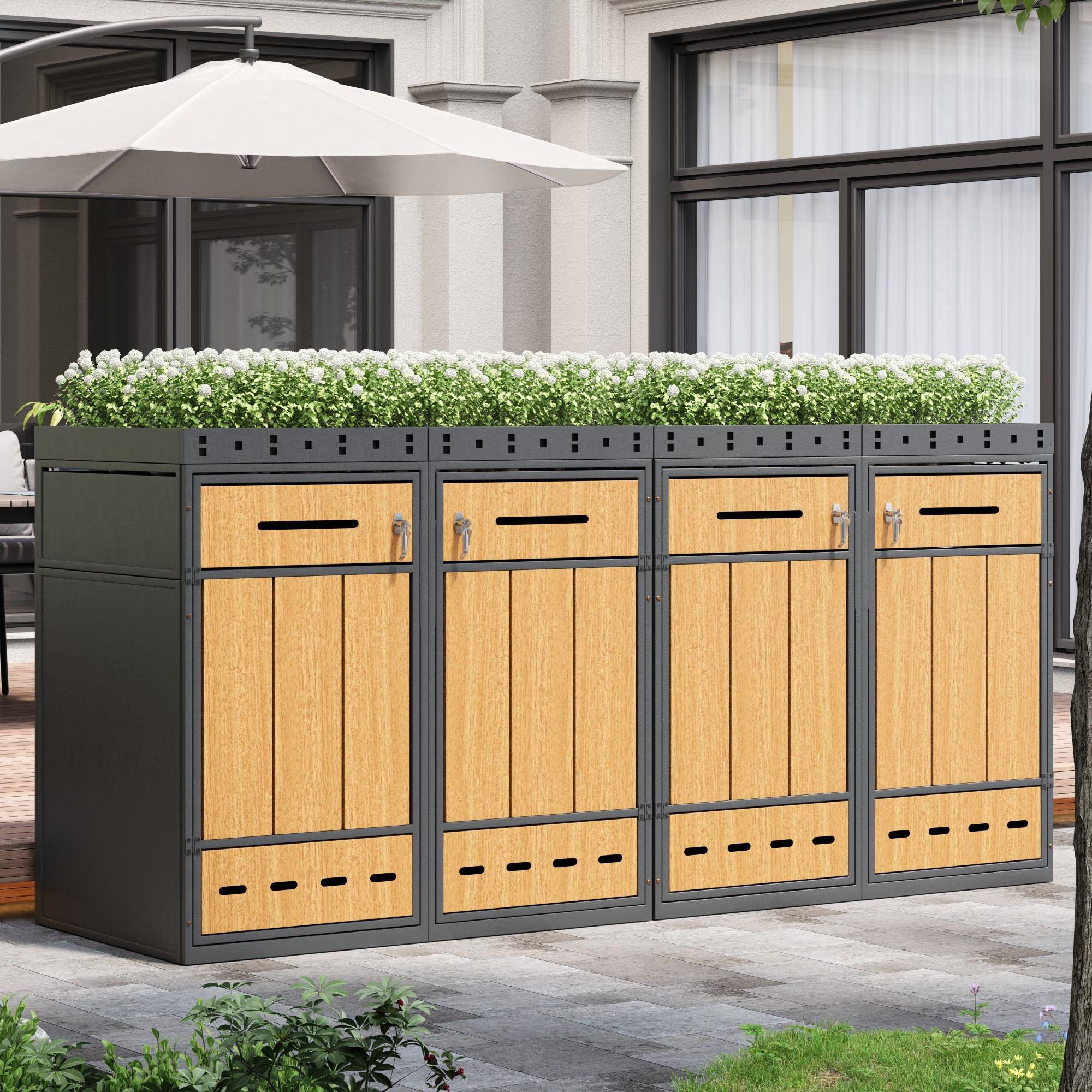Merax 2er Mülltonnenbox mit Pflanzdach 120-240L, Mülltonnenverkleidung aus kaltgewalztem Stahl, Müllbox zweigeteiltes Abfalltrennsystem,Holzoptik,Grau