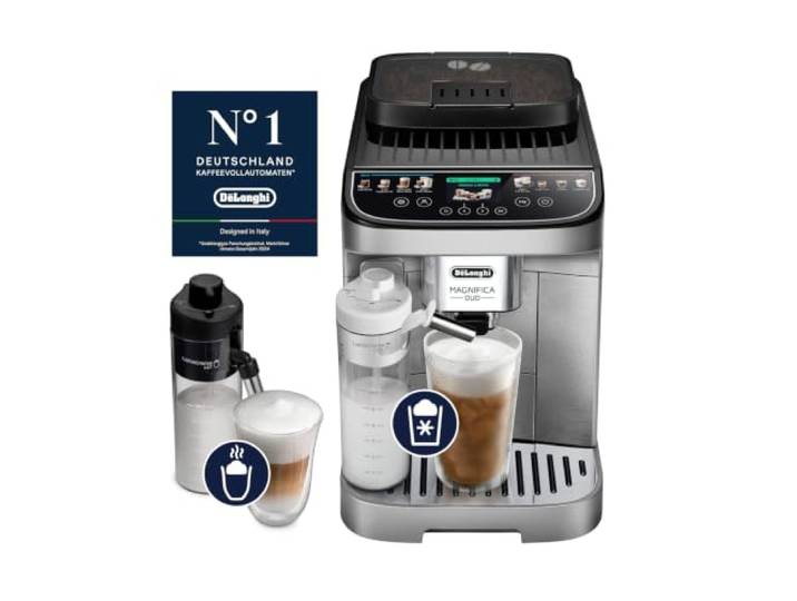 De'Longhi Magnifica Duo – Kaffeevollautomat 20 Getränke Silber Kaffeemaschine mit LatteCrema Hot & Cool-Milchaufschäumer, Heiße & Kalte Getränke, Cold Brew, Farbdisplay, ECAM332.80.SXB