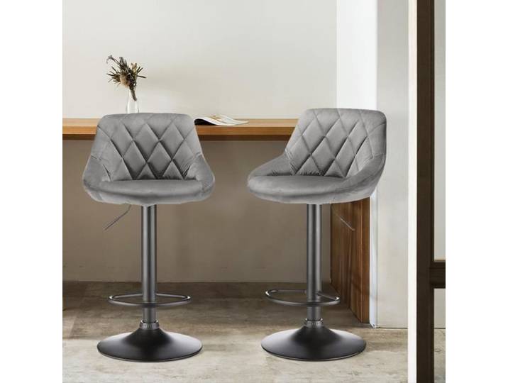 Tabouret de Bar Chaise Haute - YIYI - 2pcs - Velours Gris - Pied en métal
