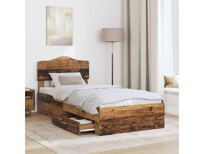 KTHLBRH Bettgestell aus Altholz, 90 x 190 cm Mehrschichtiges Holz, mit Kopfteil, Schubladen, Lattenrost, einfach zu montieren