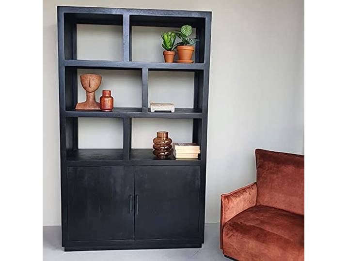 Rek met deuren Jaxx B 120 cm mangohout massief zwart boekenkast