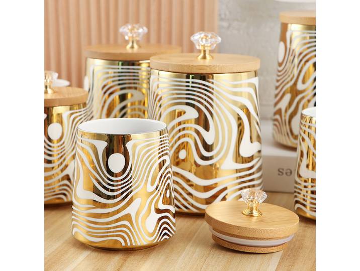Pot de stockage en céramique avec couvercle en bois, récipient de stockage des aliments, décoration de support en métal, fournitures de cuisine, coffret d'assaisonnement