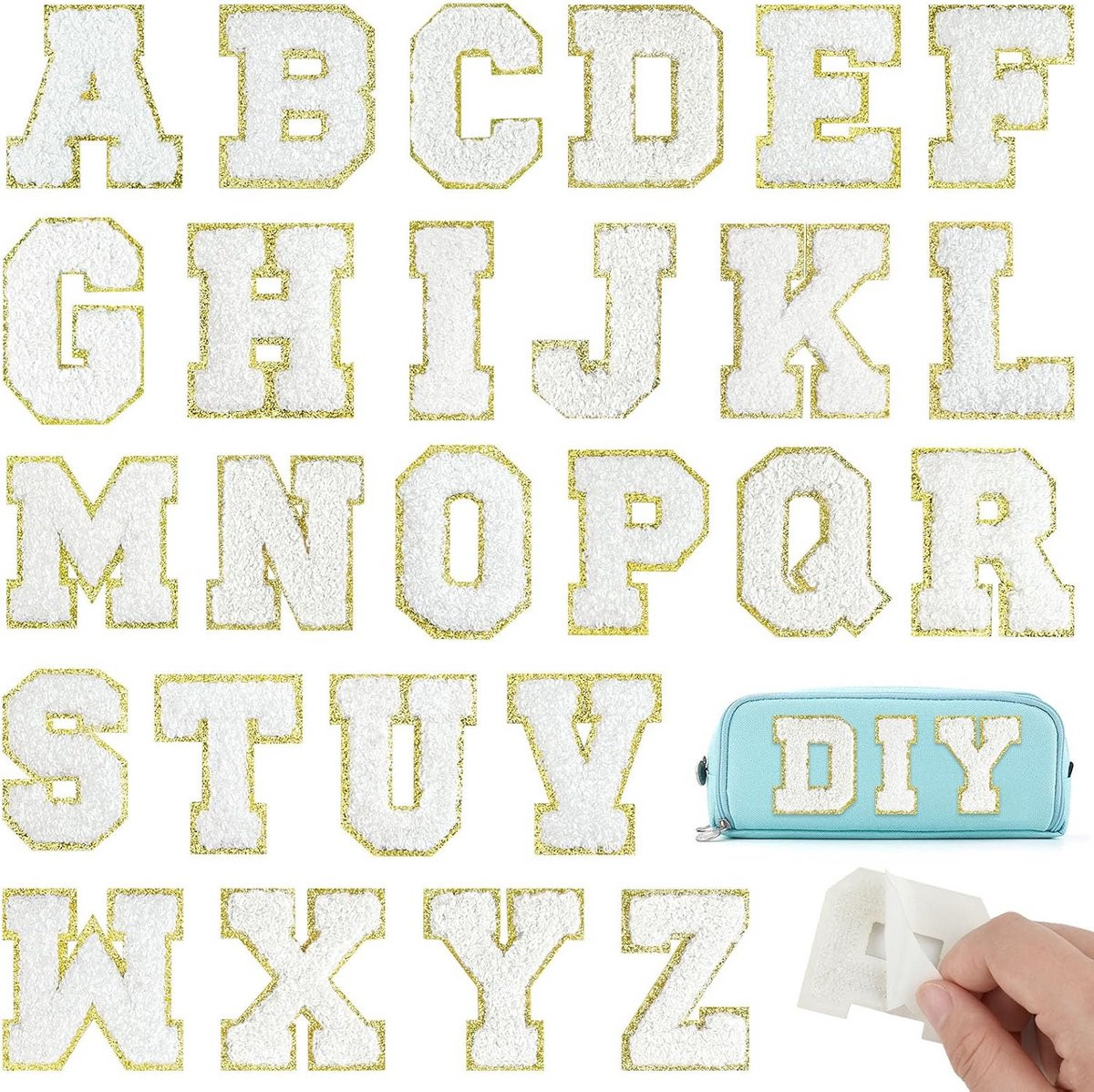 26 stuks Opstrijkbare Chenille Patches met gouden rand - Letters A-Z - Wit