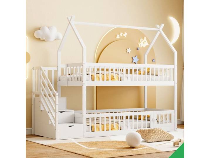 Lit superposé 90x200 pour enfant avec échelle rangements et toit blanc