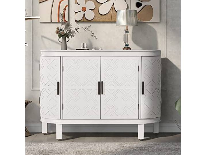 Holz-Akzent-Buffet-Sideboard-Aufbewahrungsschrank mit Glastürregal(White-3)