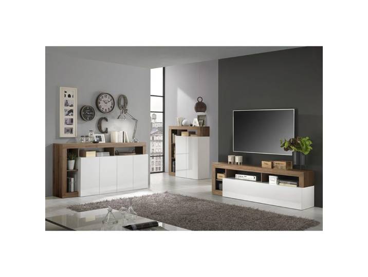 ARTURO - Ensemble Buffet 4P + Meubles TV et Bar Blanc Laqué Niches Aspect Chêne Mercure