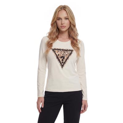 Langarmshirt GUESS "LS CN SAVANNA LEOPARD TRIANGLE", Damen, Gr. M, cream weiß, Single Jersey, Obermaterial: 95% Baumwolle, 5% Elasthan, bedruckt, slim fit hüftlang, Rundhals, abgesteppte Kante, Shirts Langarmshirt, mit markantem Logodesign, Slim Fit