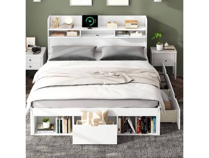 Lit double - LEYTN - 160x200cm - Bois massif - 5 tiroirs - Ports USB intégrés