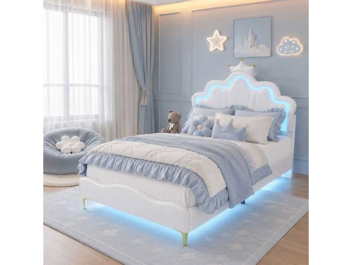 Lit adolescent 140x190 filles avec LED réglables Cadre de Lit Princesse avec Sommier à Lattes pour Enfants et filles PU Blanc