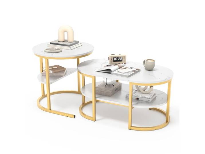 Lot de 2 tables basses gigognes dorées effet marbre avec étagères