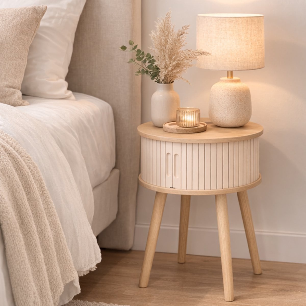 MISOU Juliet Nachtkastje - Rond - Modern - Beige - MDF - met Lade en Deur