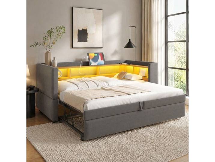 Canapé-lit multifonction gris foncé 90/180x190cm LED + rangements intégrés