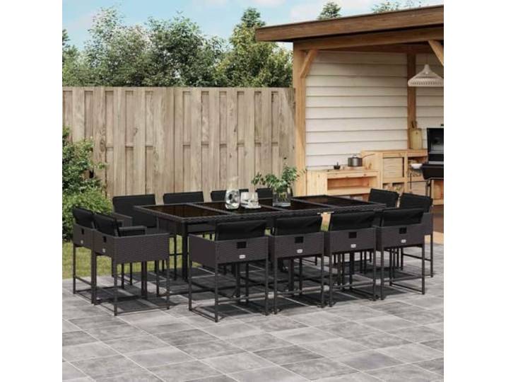 KTHLBRH Set aus Polyrattan, schwarz, 13-teilig, mit Kissen Klappstühle, Tisch aus gehärtetem Glas, für den Außenbereich, waschbar