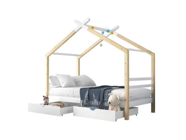 MEUBLES COSY Lit cabane enfant 90x200 cm blanc et bois en bois massif avec sommier à lattes et 2 tiroirs de rangement (sans